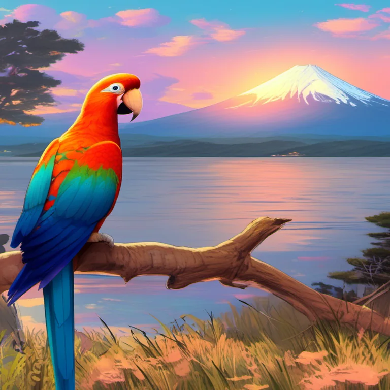 A colorful parrot in front of Mount Fuji from the Japanese InstructBLIP Alpha model card