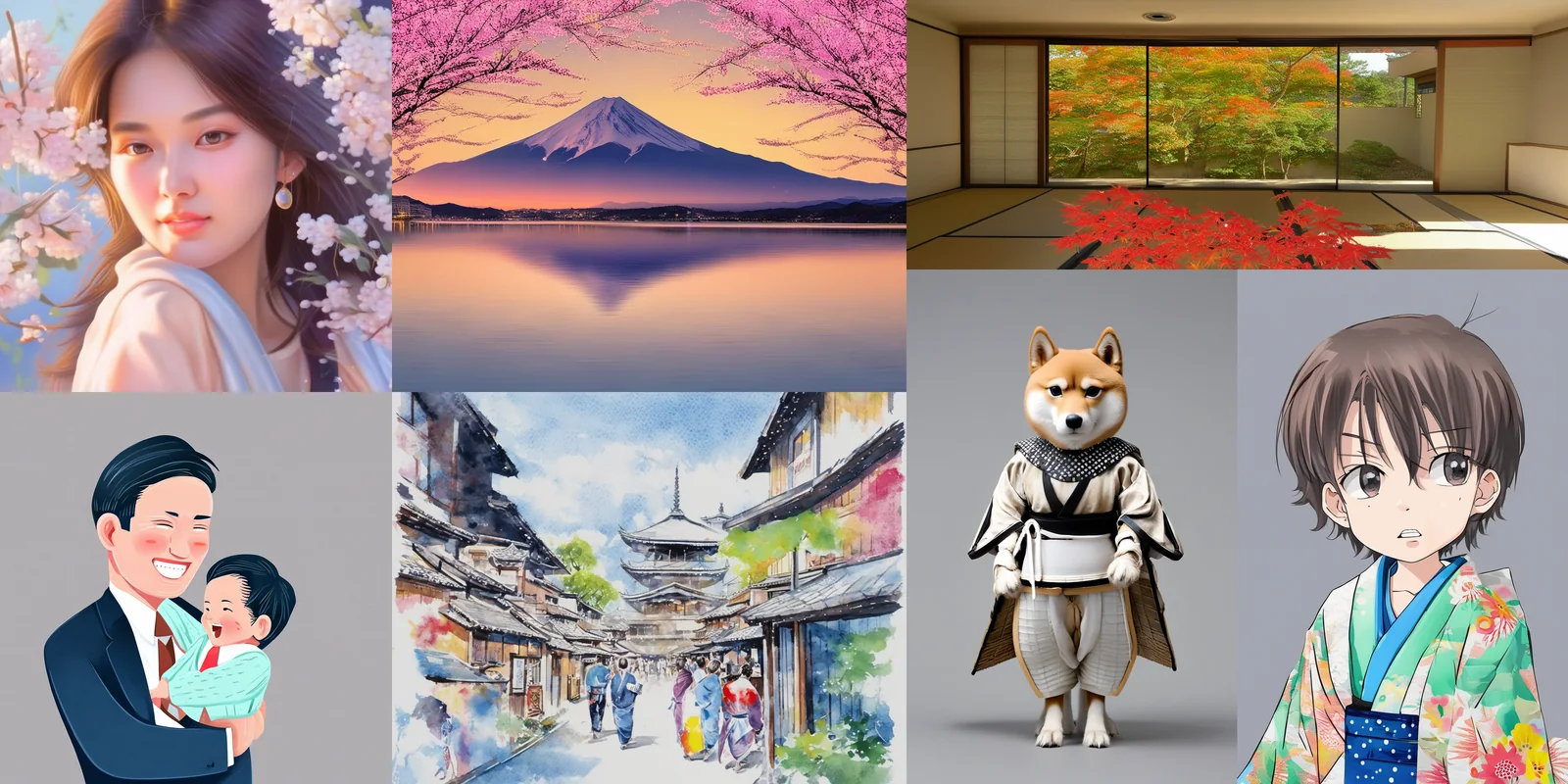 A grid of Japanese-themed images generated by Japanese Stable Diffusion XL