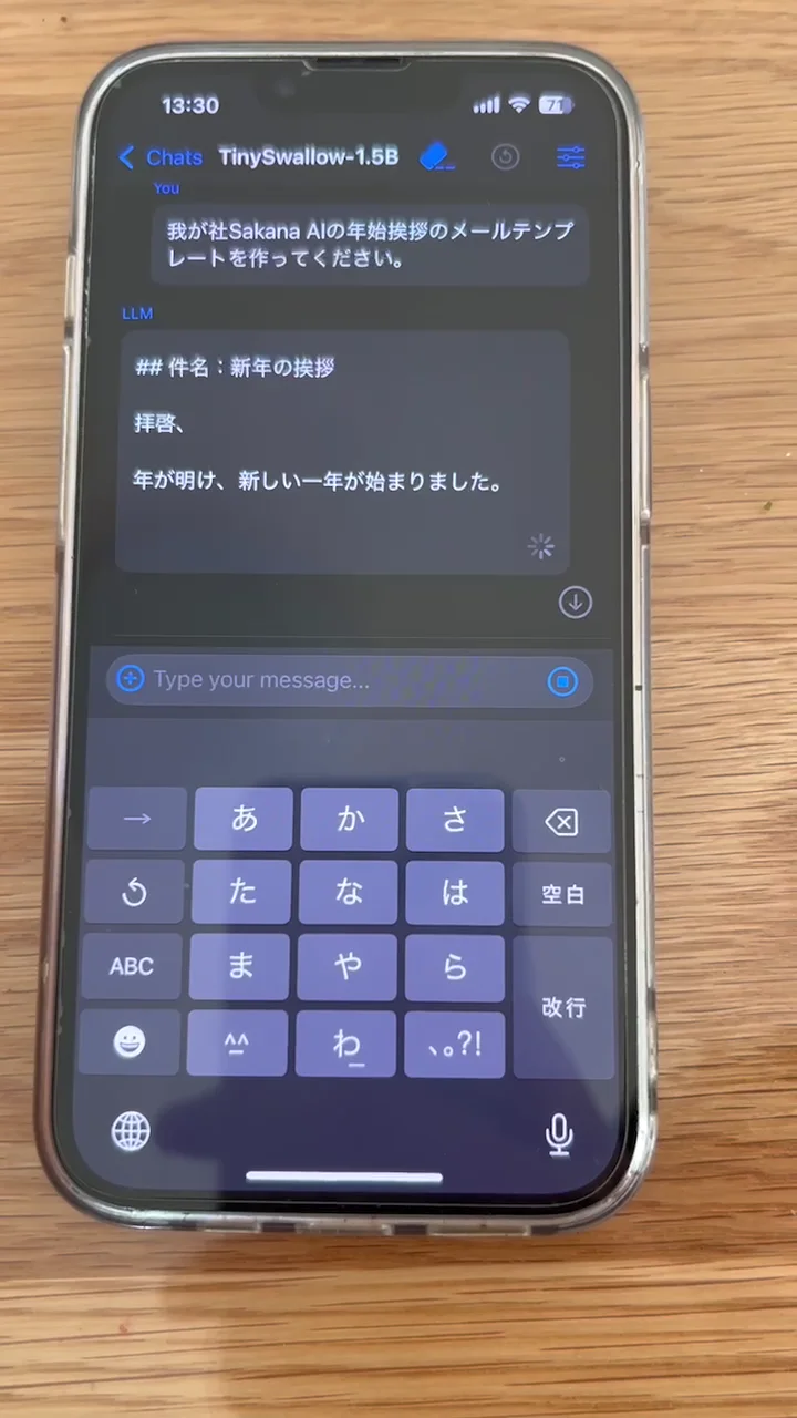 TinySwallow-1.5B generating text locally on an iPhone